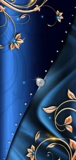 Elegant blue wallpaper with floral and gold designs.