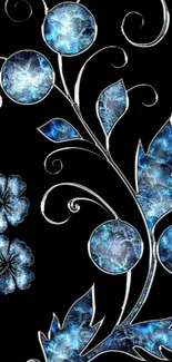 Elegant floral blue design wallpaper with intricate patterns on black background.