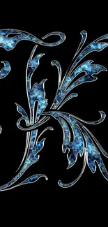 Elegant blue floral letter K on black background.