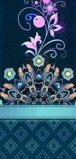 Elegant floral blue wallpaper design with intricate patterns.