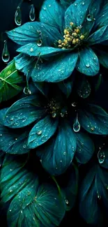 Blue floral wallpaper with dew drops.