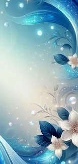 Elegant floral blue wallpaper with white flowers and abstract waves.