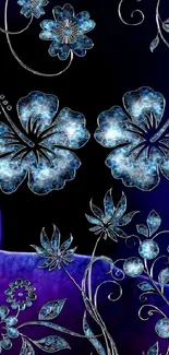 Elegant blue floral design on purple background.