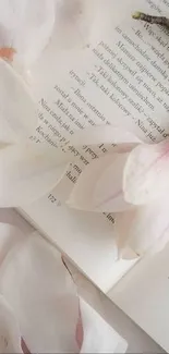 Soft pink magnolia flowers on open book wallpaper.