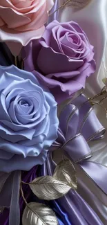 Elegant bouquet with pastel roses and satin ribbons.