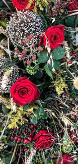 Elegant floral bouquet with red roses and vibrant greenery.