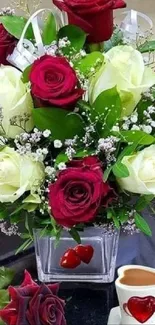 Floral arrangement of red and white roses with heart-decorated mug.