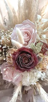 Elegant bouquet with dried flowers and pink roses against a beige background.