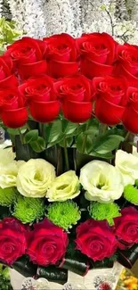 Vibrant bouquet of red roses with lush greenery in a floral arrangement.