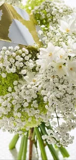 Elegant bouquet with white flowers and green accents on white background.