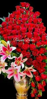 Red roses and pink lilies in a golden vase wallpaper.