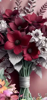 Digital floral bouquet wallpaper with red and white flowers.