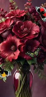 Crimson flowers with butterflies in a vase.