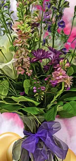 Elegant bouquet of flowers with purple and green hues.