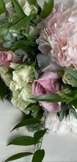 Elegantly arranged pink and white bouquet with lush greenery.