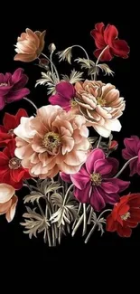 Elegant bouquet of colorful flowers on black background wallpaper.