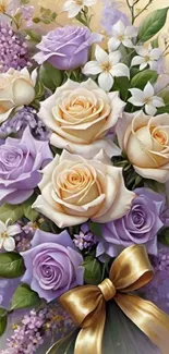 Elegant bouquet of roses and lilacs in soft pastel colors.
