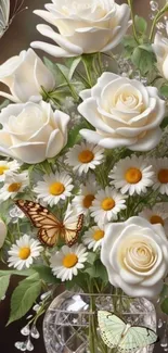 Elegant white rose bouquet with butterflies in crystal vase.