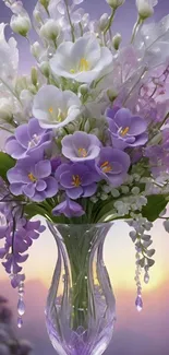 Lilac and white floral bouquet in a vase.