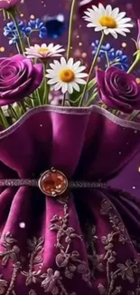 Elegant floral bouquet with purple roses and daisies in a satin wrap.