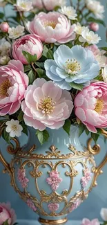 Elegant floral bouquet in ornate vase on blue background.