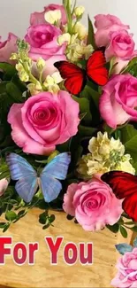 Floral wallpaper with pink roses and vibrant butterflies.