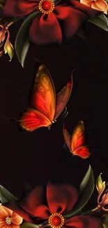 Elegant wallpaper with red butterflies and floral art.