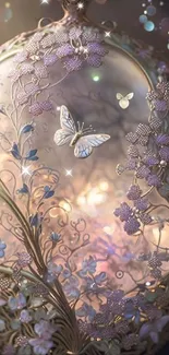 Elegant floral wallpaper with butterflies and glowing elements.