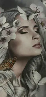 Woman with flowers and butterflies in grayscale art.