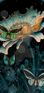 Elegant floral wallpaper with butterflies in teal tones.