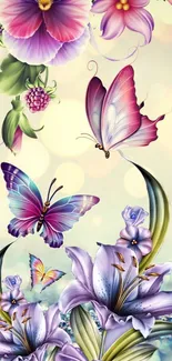 Purple flowers and butterflies wallpaper design.