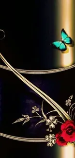 Elegant butterfly and floral design on dark wallpaper.