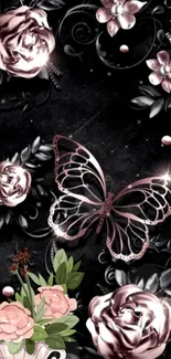 Elegant butterfly and floral wallpaper art in black and pale pink hues.