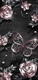 Rose-gold butterfly with floral design on dark background.