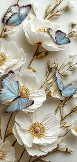 Elegant wallpaper with white flowers and blue butterflies.