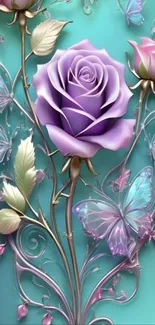 Elegant floral and butterfly mobile wallpaper with a teal background.