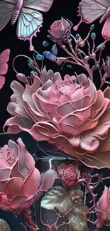 Elegant pink flowers and butterflies on dark background.