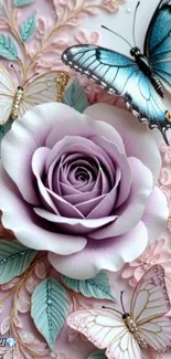 Lavender rose with butterflies on pastel background.