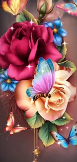 Colorful floral and butterfly wallpaper design with vibrant hues.