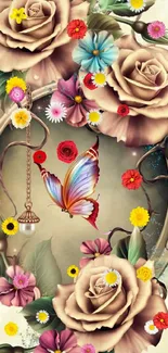 Elegant floral wallpaper with roses and butterfly.