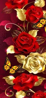 Elegant red and gold floral wallpaper with butterflies.