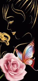 Floral wallpaper with butterfly and line art silhouette on black background.