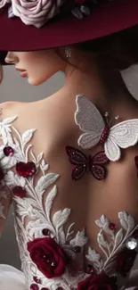 Woman with floral and butterfly design on shoulder.