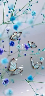 Delicate butterflies in blue floral fantasy wallpaper.