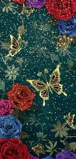 Elegant wallpaper with roses and butterflies on a teal background.