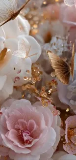 Elegant floral wallpaper with delicate butterflies and soft colors.