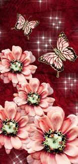 Pink flowers and butterflies on burgundy background.