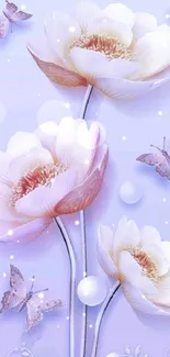 Elegant mobile wallpaper with flowers and butterflies in lavender hues.