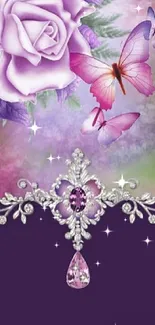 Elegant lilac rose and butterfly wallpaper with jeweled accents.