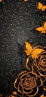 Glowing orange butterflies and roses on dark wallpaper.